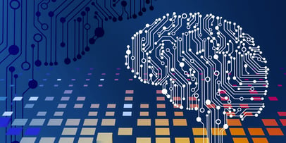 A computer circuit board with a brain on it