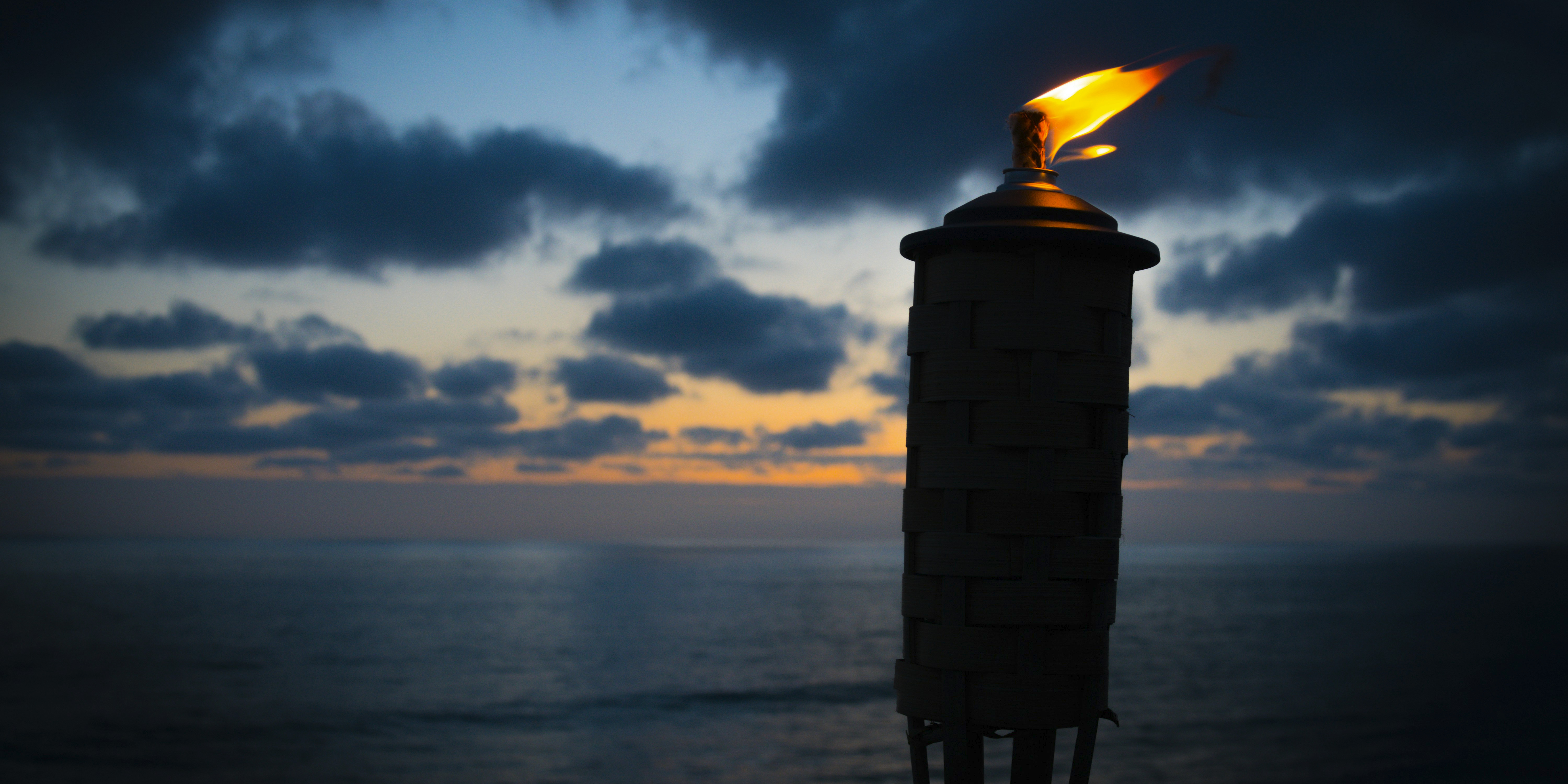 Lighted tiki torch near sea at night